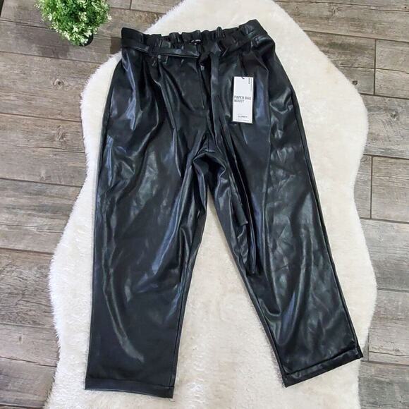 NWT Almost Famous Black Paper Bag Waist Faux Leather Pants, Size 3X - Picture 1 of 10